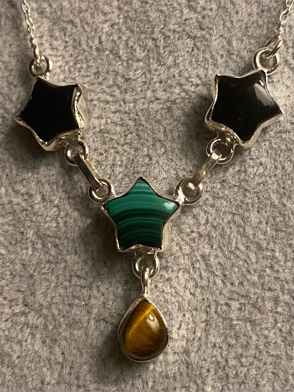 Sterling Silver Necklace with Green Malachite, Black Onyx and Tiger Eye (18 in)